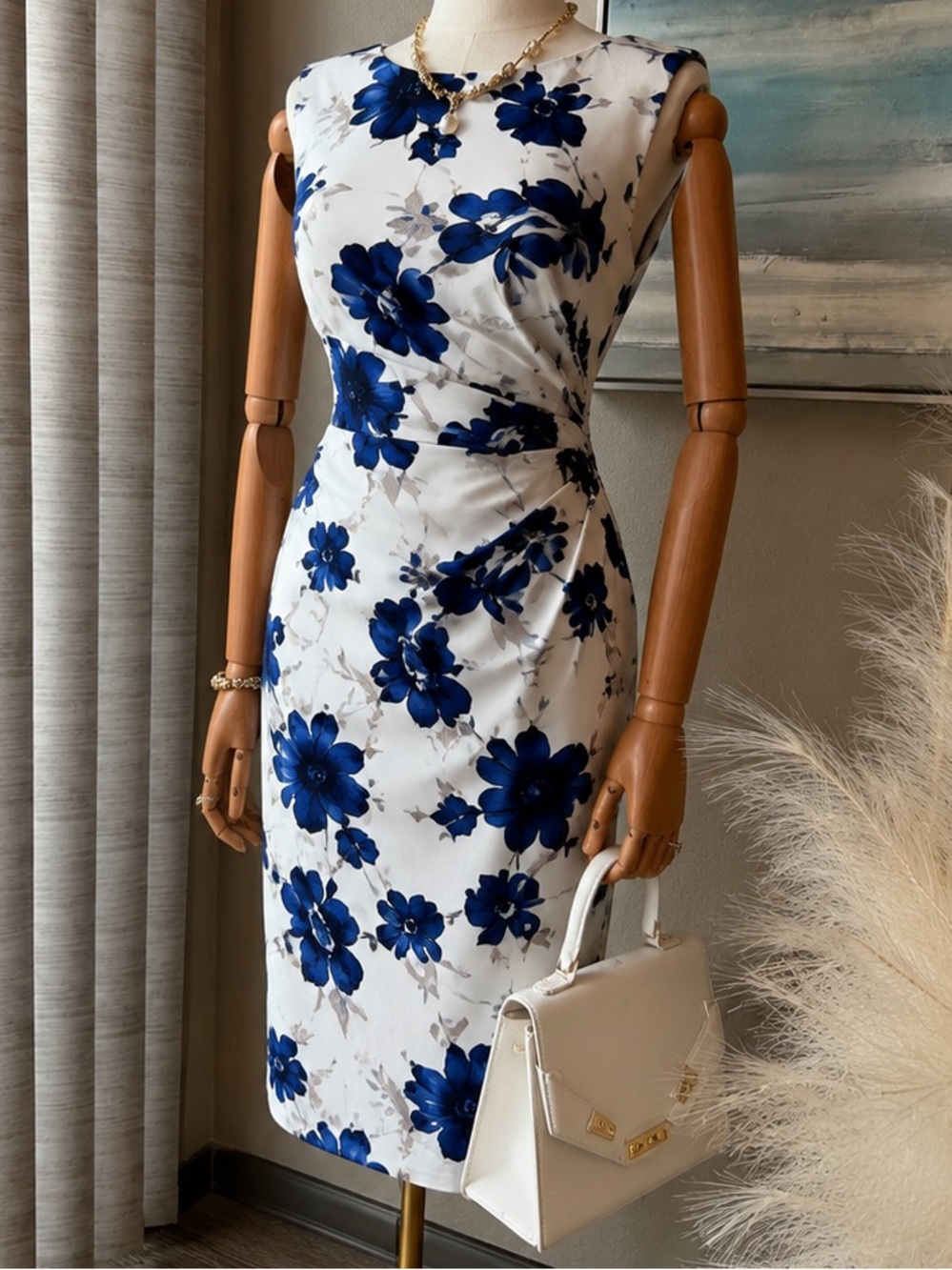 Ivanka Trump White Midi Dress with Blue Floral Pattern